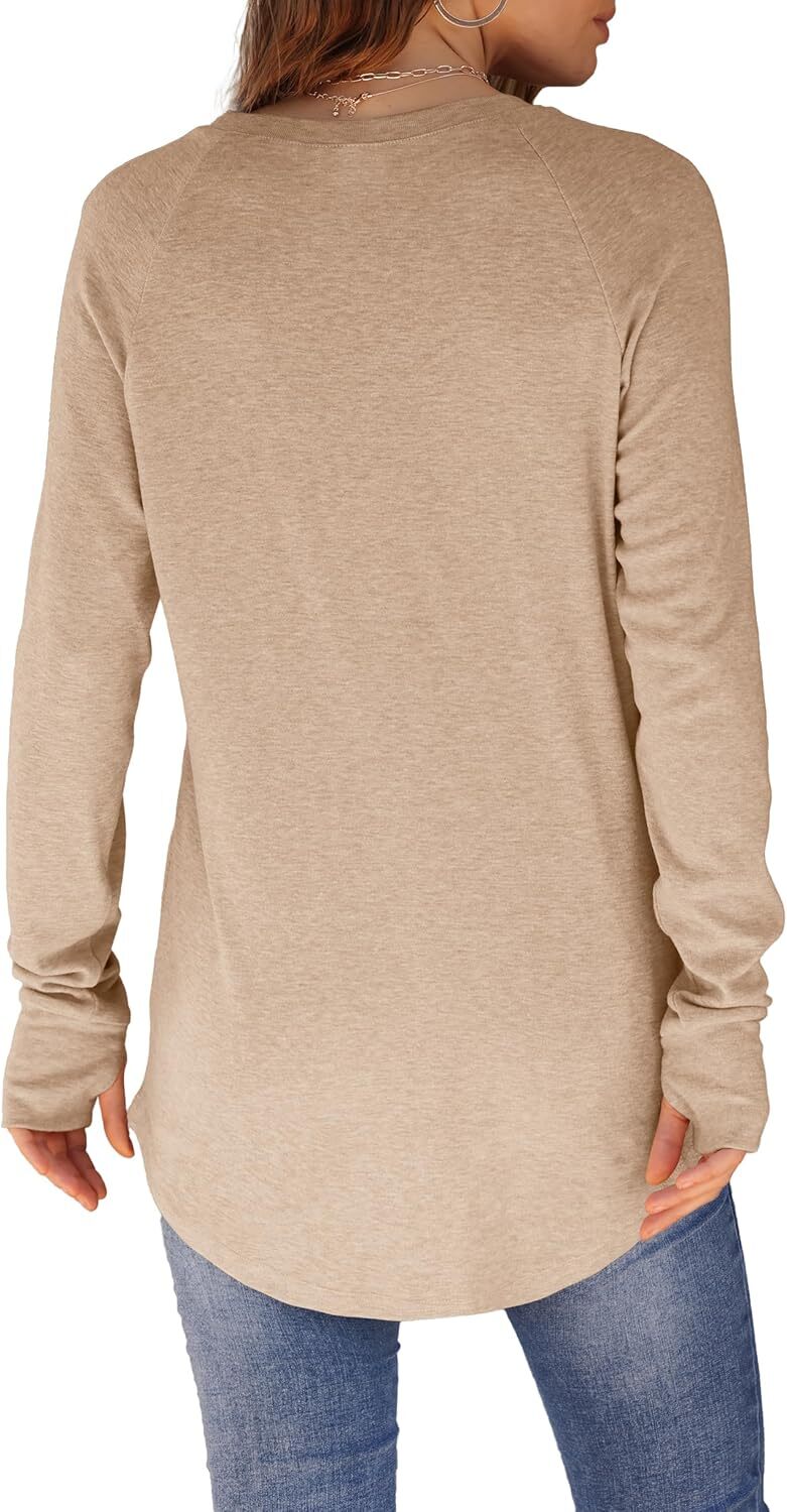 Womens Tunic Tops to Wear with Leggings Long Sleeve Thumb Hole Shirts Crew Neck Curved Hem