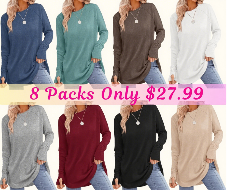 Womens Tunic Tops to Wear with Leggings Long Sleeve Thumb Hole Shirts Crew Neck Curved Hem