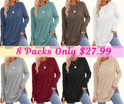 Womens Tunic Tops to Wear with Leggings Long Sleeve Thumb Hole Shirts Crew Neck Curved Hem