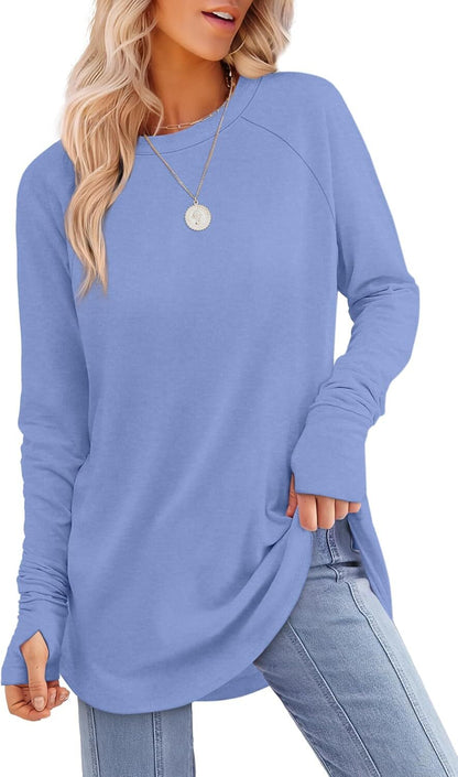 Womens Tunic Tops to Wear with Leggings Long Sleeve Thumb Hole Shirts Crew Neck Curved Hem