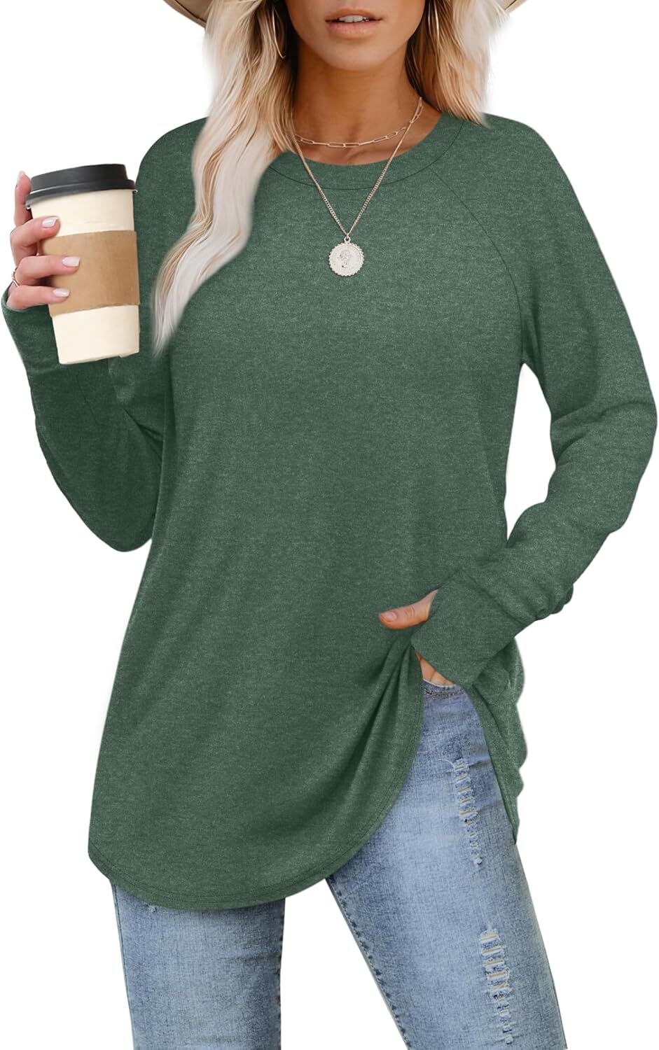 Womens Tunic Tops to Wear with Leggings Long Sleeve Thumb Hole Shirts Crew Neck Curved Hem