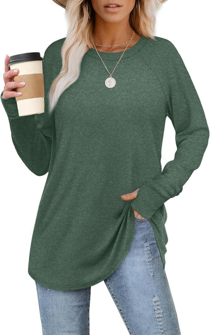 Womens Tunic Tops to Wear with Leggings Long Sleeve Thumb Hole Shirts Crew Neck Curved Hem