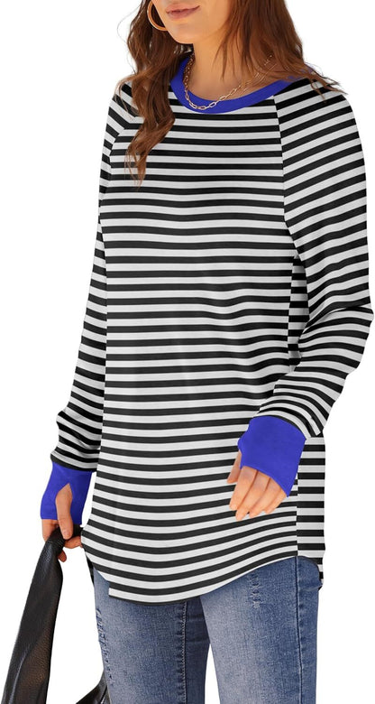 Womens Tunic Tops to Wear with Leggings Long Sleeve Thumb Hole Shirts Crew Neck Curved Hem