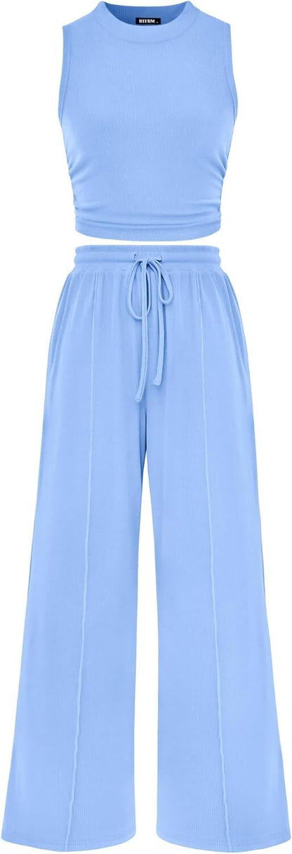 Women Summer 2 Piece Outfits 2026 Beach Crew Neck Sleeveless Cropped Top Elastic Waist Wide Leg Pants Lounge Set