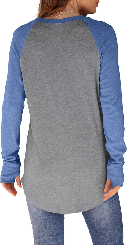 Womens Tunic Tops to Wear with Leggings Long Sleeve Thumb Hole Shirts Crew Neck Curved Hem