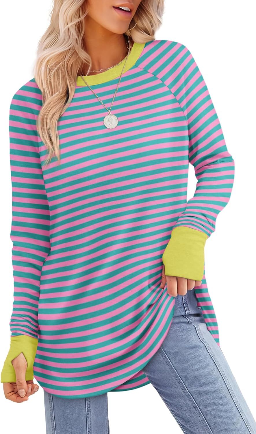 Womens Tunic Tops to Wear with Leggings Long Sleeve Thumb Hole Shirts Crew Neck Curved Hem