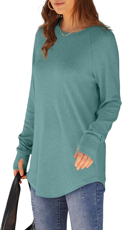 Womens Tunic Tops to Wear with Leggings Long Sleeve Thumb Hole Shirts Crew Neck Curved Hem