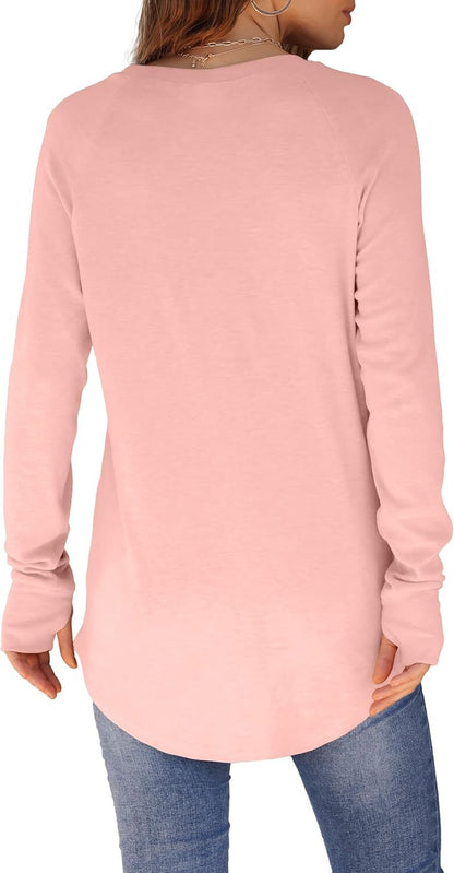 Womens Tunic Tops to Wear with Leggings Long Sleeve Thumb Hole Shirts Crew Neck Curved Hem