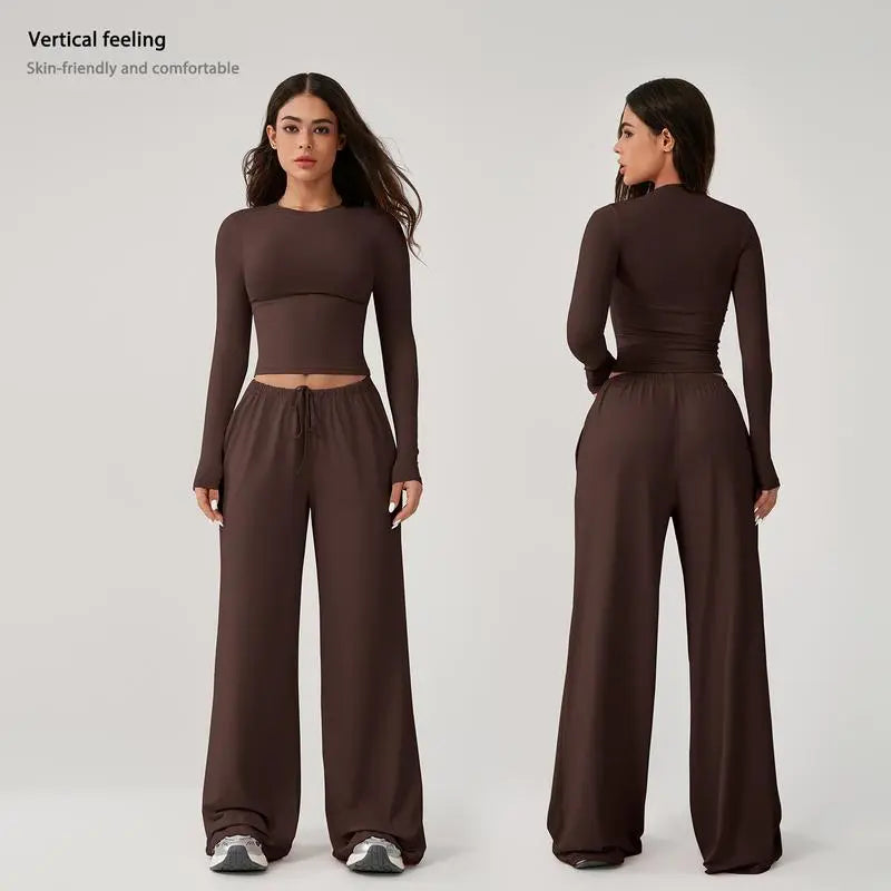 Women's long-sleeved top and wide-leg pants suit