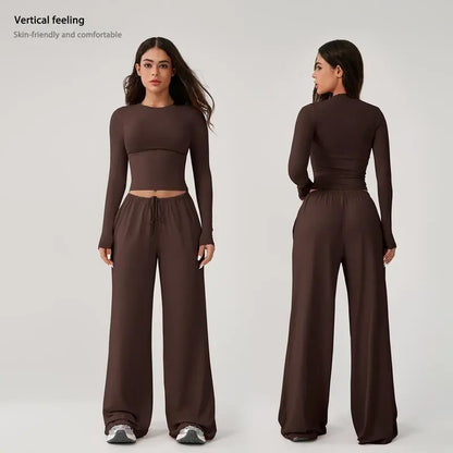 Women's long-sleeved top and wide-leg pants suit