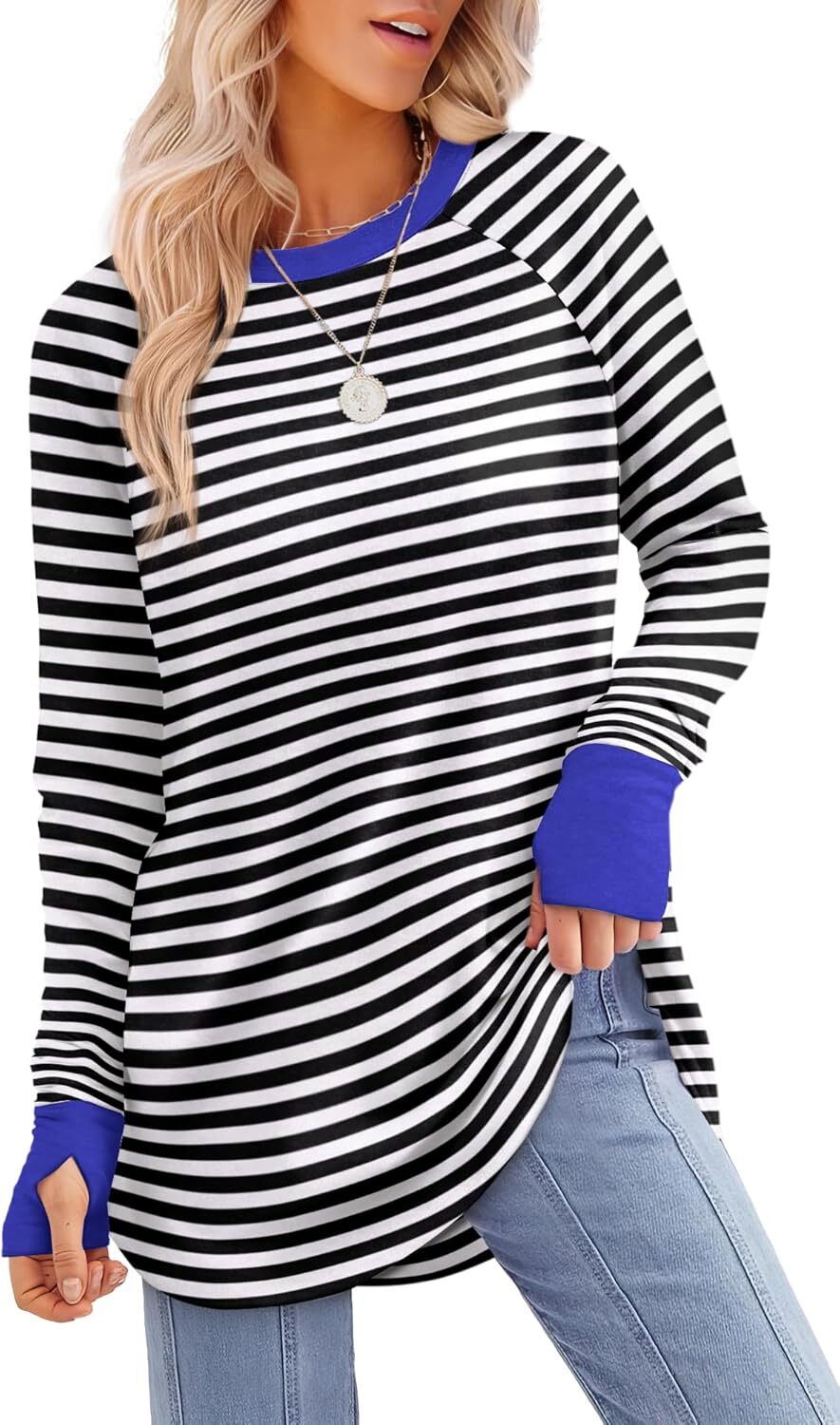 Womens Tunic Tops to Wear with Leggings Long Sleeve Thumb Hole Shirts Crew Neck Curved Hem