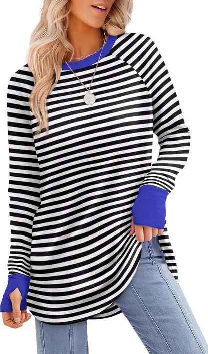 Womens Tunic Tops to Wear with Leggings Long Sleeve Thumb Hole Shirts Crew Neck Curved Hem