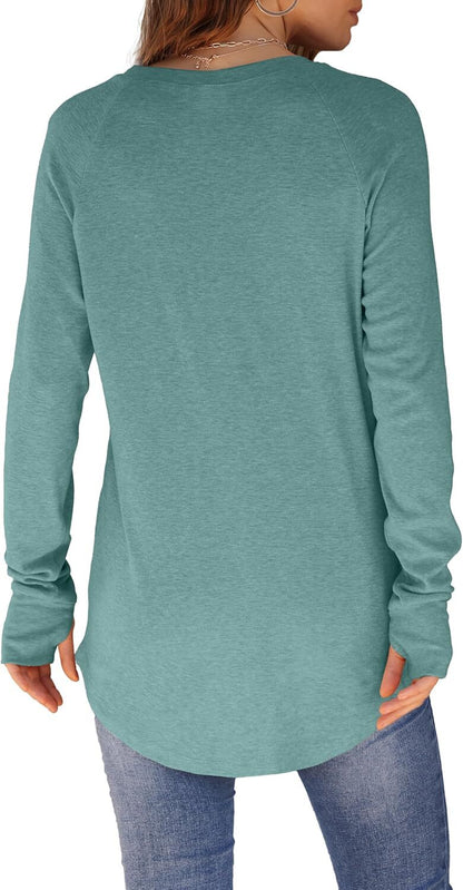 Womens Tunic Tops to Wear with Leggings Long Sleeve Thumb Hole Shirts Crew Neck Curved Hem