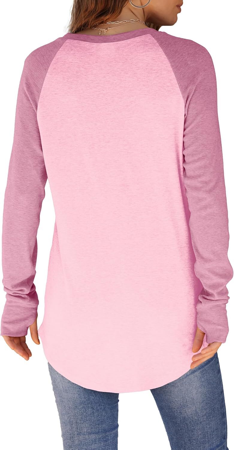 Womens Tunic Tops to Wear with Leggings Long Sleeve Thumb Hole Shirts Crew Neck Curved Hem