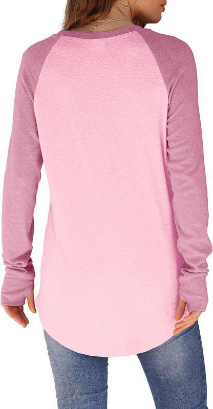 Womens Tunic Tops to Wear with Leggings Long Sleeve Thumb Hole Shirts Crew Neck Curved Hem