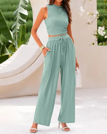 Women Summer 2 Piece Outfits 2026 Beach Crew Neck Sleeveless Cropped Top Elastic Waist Wide Leg Pants Lounge Set