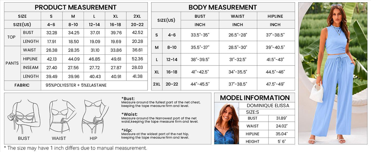 Women Summer 2 Piece Outfits 2026 Beach Crew Neck Sleeveless Cropped Top Elastic Waist Wide Leg Pants Lounge Set