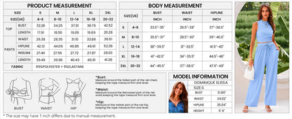 Women Summer 2 Piece Outfits 2026 Beach Crew Neck Sleeveless Cropped Top Elastic Waist Wide Leg Pants Lounge Set