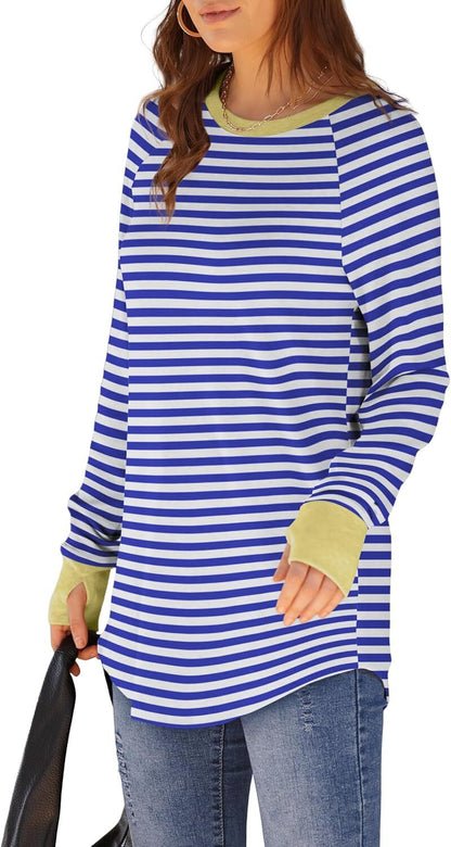 Womens Tunic Tops to Wear with Leggings Long Sleeve Thumb Hole Shirts Crew Neck Curved Hem