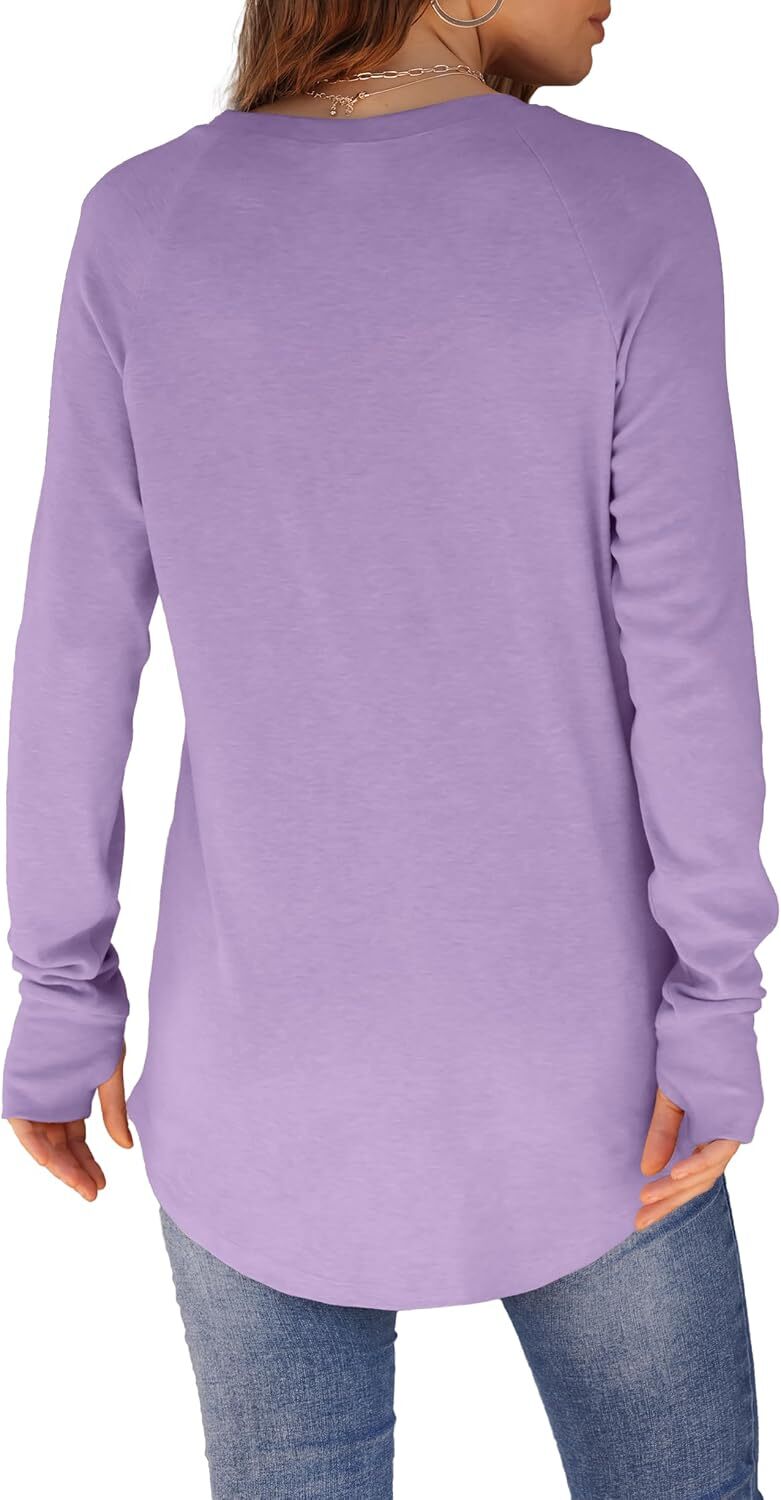 Womens Tunic Tops to Wear with Leggings Long Sleeve Thumb Hole Shirts Crew Neck Curved Hem