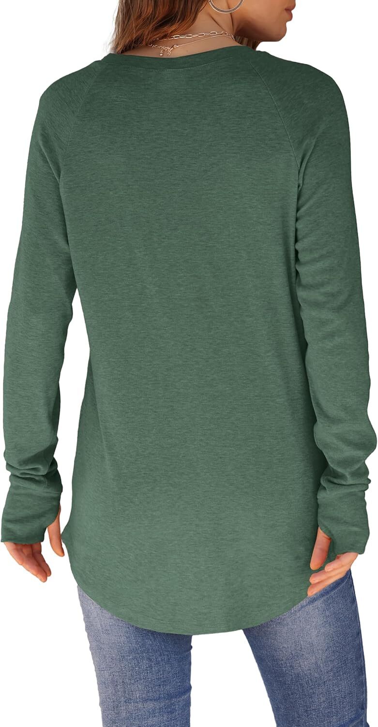 Womens Tunic Tops to Wear with Leggings Long Sleeve Thumb Hole Shirts Crew Neck Curved Hem