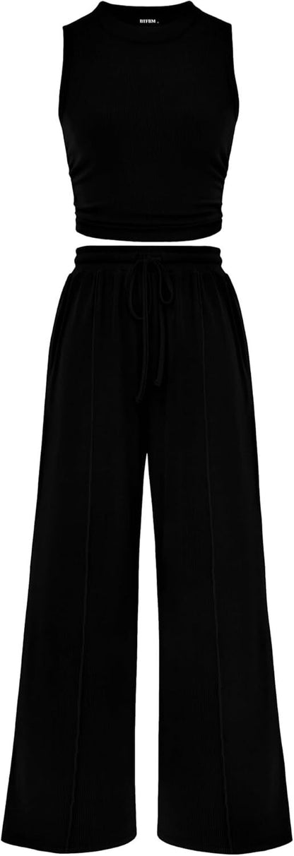 Women Summer 2 Piece Outfits 2026 Beach Crew Neck Sleeveless Cropped Top Elastic Waist Wide Leg Pants Lounge Set