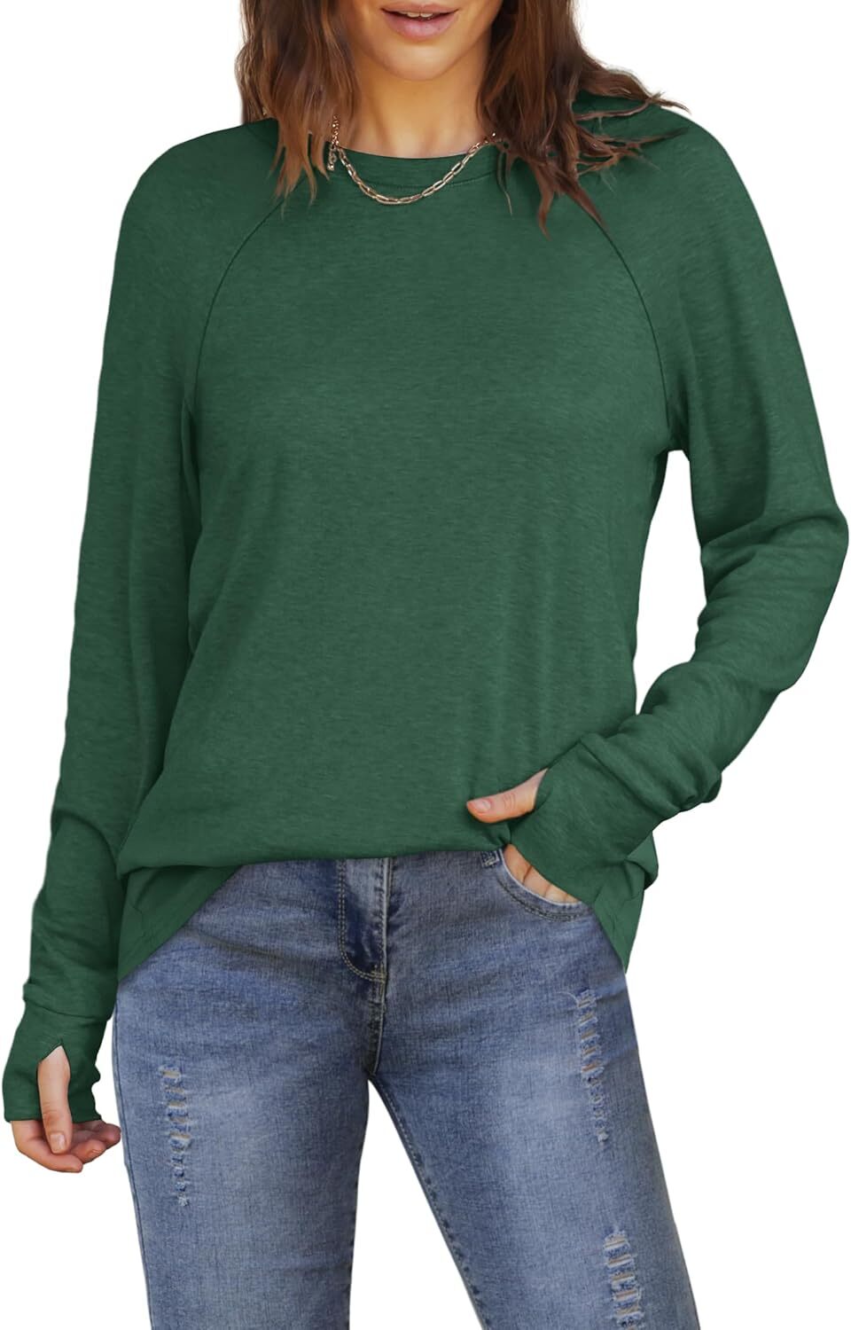 Womens Tunic Tops to Wear with Leggings Long Sleeve Thumb Hole Shirts Crew Neck Curved Hem