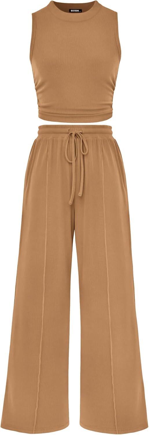 Women Summer 2 Piece Outfits 2026 Beach Crew Neck Sleeveless Cropped Top Elastic Waist Wide Leg Pants Lounge Set