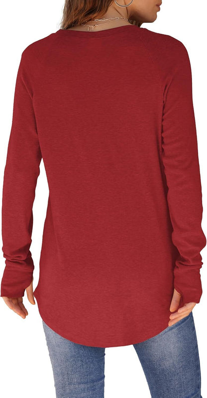 Womens Tunic Tops to Wear with Leggings Long Sleeve Thumb Hole Shirts Crew Neck Curved Hem
