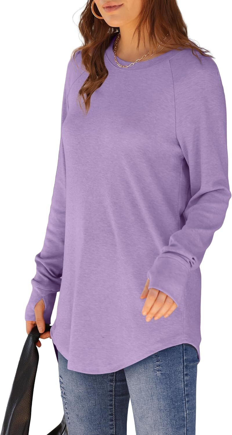 Womens Tunic Tops to Wear with Leggings Long Sleeve Thumb Hole Shirts Crew Neck Curved Hem
