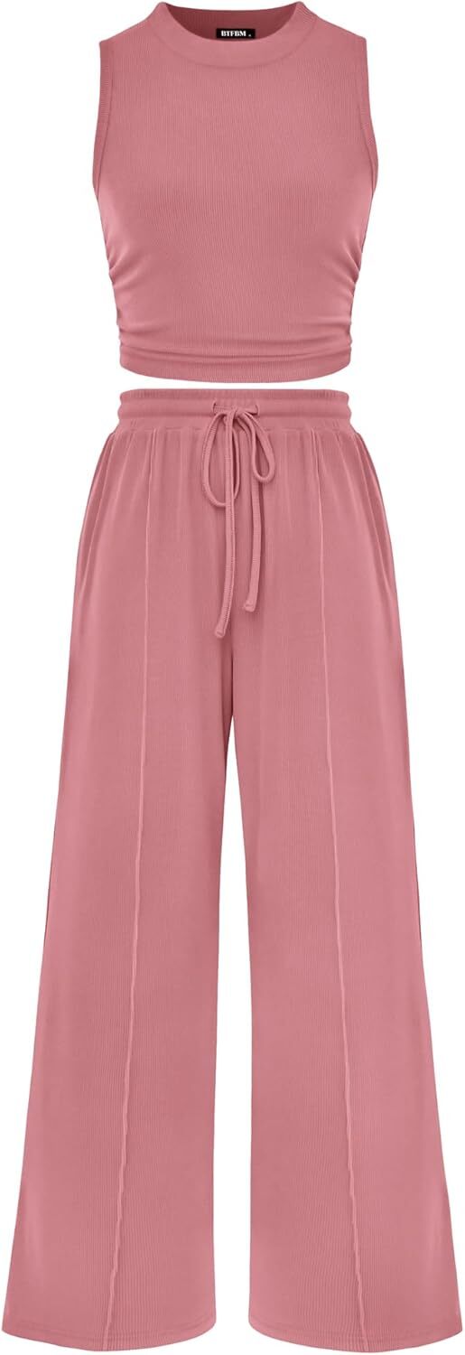Women Summer 2 Piece Outfits 2026 Beach Crew Neck Sleeveless Cropped Top Elastic Waist Wide Leg Pants Lounge Set