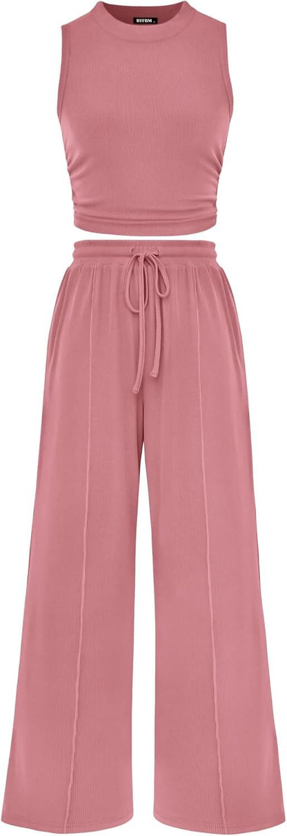 Women Summer 2 Piece Outfits 2026 Beach Crew Neck Sleeveless Cropped Top Elastic Waist Wide Leg Pants Lounge Set