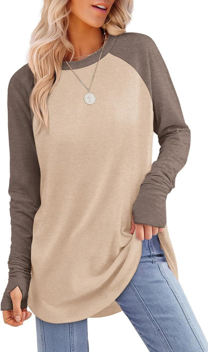 Womens Tunic Tops to Wear with Leggings Long Sleeve Thumb Hole Shirts Crew Neck Curved Hem