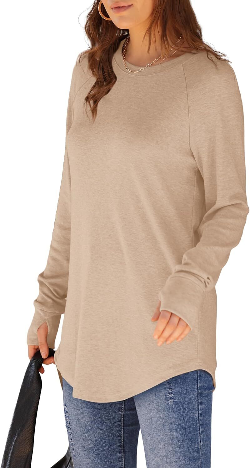 Womens Tunic Tops to Wear with Leggings Long Sleeve Thumb Hole Shirts Crew Neck Curved Hem