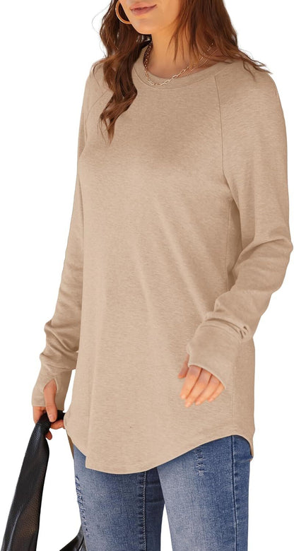 Womens Tunic Tops to Wear with Leggings Long Sleeve Thumb Hole Shirts Crew Neck Curved Hem