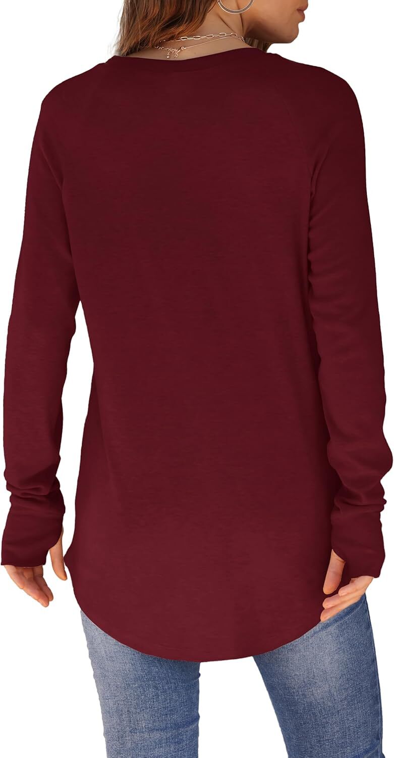 Womens Tunic Tops to Wear with Leggings Long Sleeve Thumb Hole Shirts Crew Neck Curved Hem