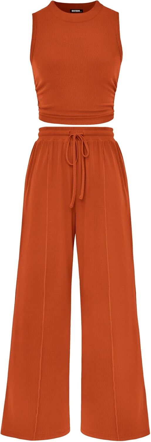Women Summer 2 Piece Outfits 2026 Beach Crew Neck Sleeveless Cropped Top Elastic Waist Wide Leg Pants Lounge Set