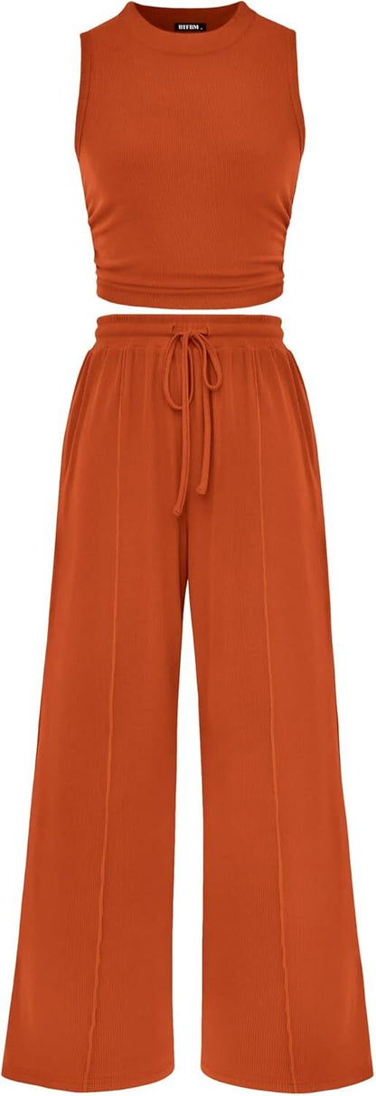 Women Summer 2 Piece Outfits 2026 Beach Crew Neck Sleeveless Cropped Top Elastic Waist Wide Leg Pants Lounge Set