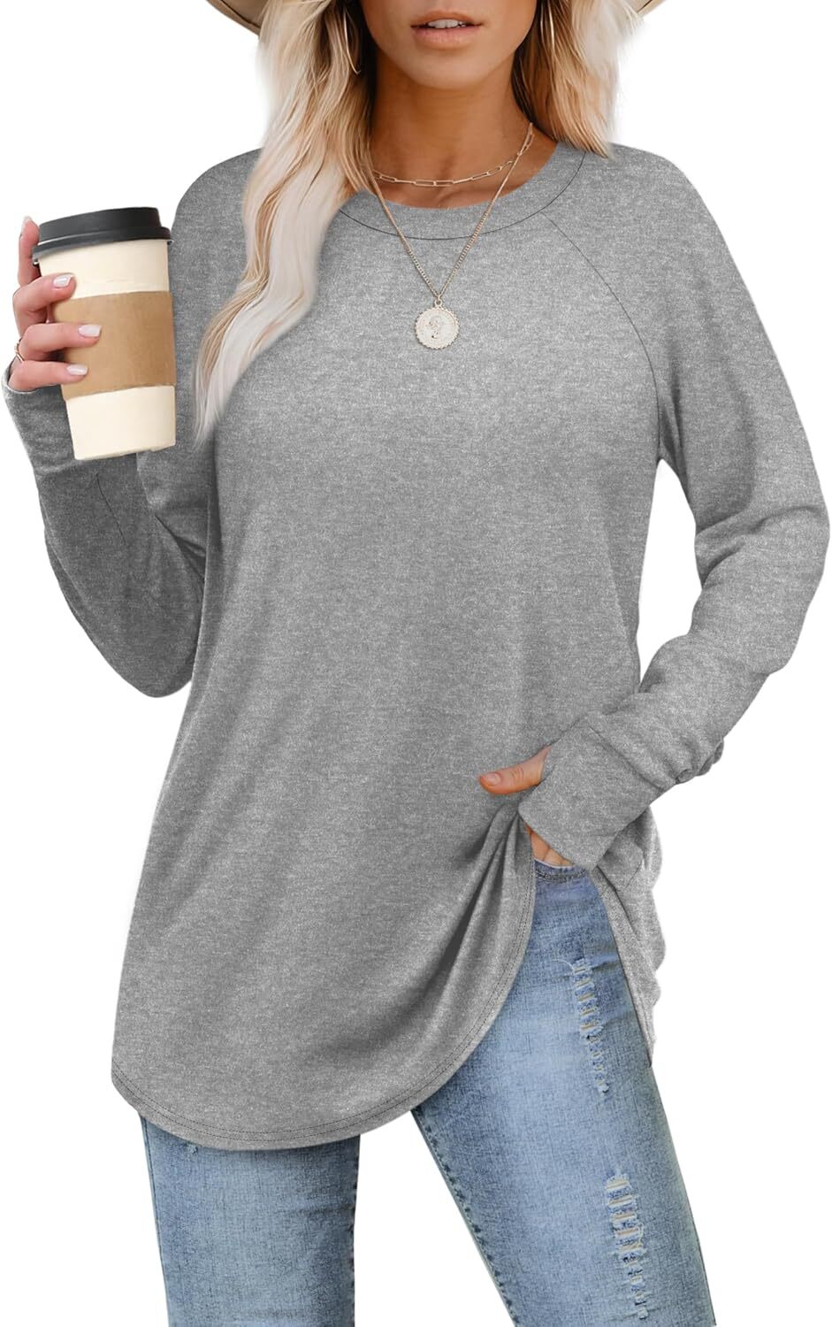 Womens Tunic Tops to Wear with Leggings Long Sleeve Thumb Hole Shirts Crew Neck Curved Hem