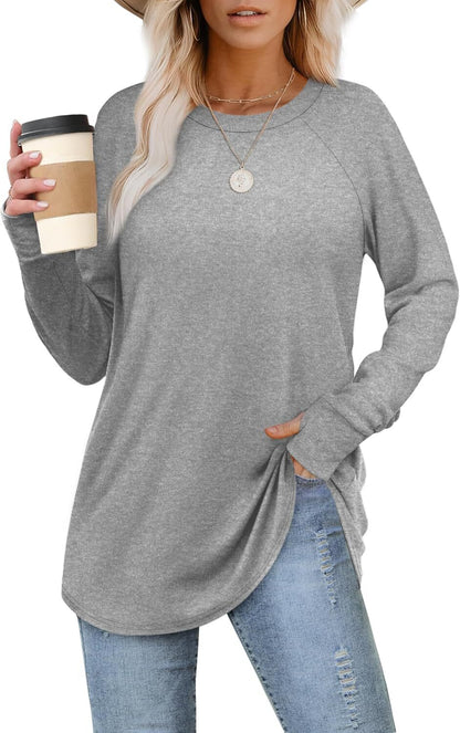 Womens Tunic Tops to Wear with Leggings Long Sleeve Thumb Hole Shirts Crew Neck Curved Hem