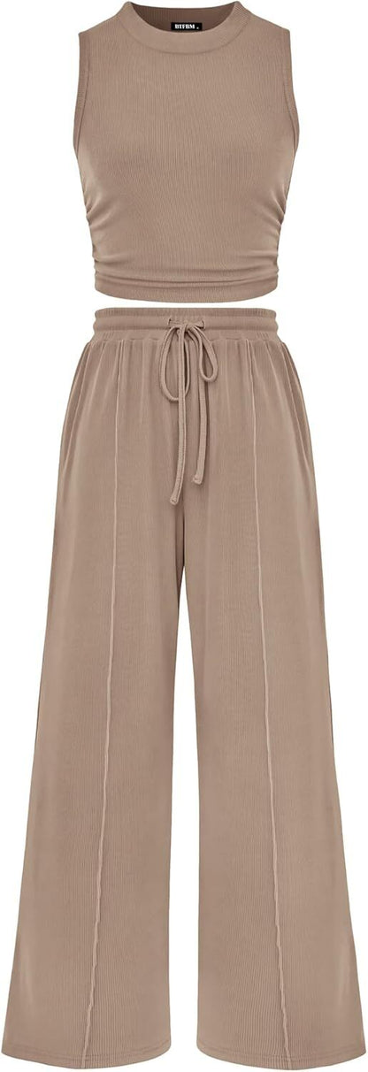 Women Summer 2 Piece Outfits 2026 Beach Crew Neck Sleeveless Cropped Top Elastic Waist Wide Leg Pants Lounge Set