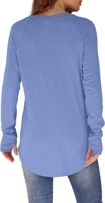 Womens Tunic Tops to Wear with Leggings Long Sleeve Thumb Hole Shirts Crew Neck Curved Hem
