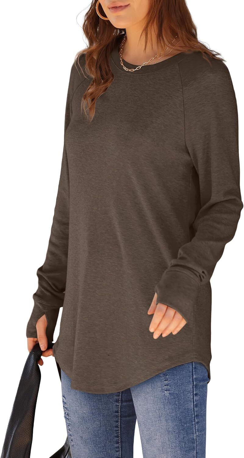 Womens Tunic Tops to Wear with Leggings Long Sleeve Thumb Hole Shirts Crew Neck Curved Hem