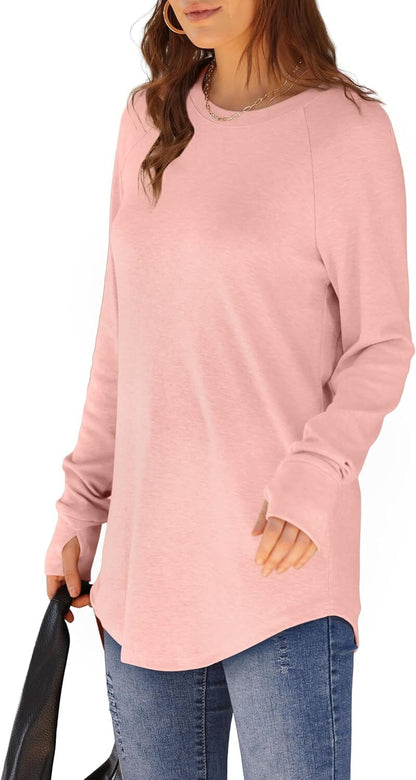 Womens Tunic Tops to Wear with Leggings Long Sleeve Thumb Hole Shirts Crew Neck Curved Hem