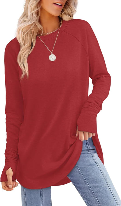 Womens Tunic Tops to Wear with Leggings Long Sleeve Thumb Hole Shirts Crew Neck Curved Hem