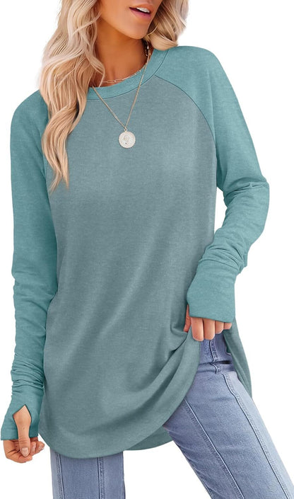 Womens Tunic Tops to Wear with Leggings Long Sleeve Thumb Hole Shirts Crew Neck Curved Hem