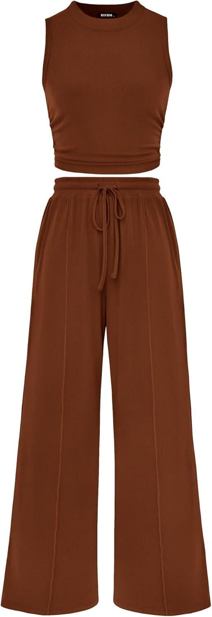 Women Summer 2 Piece Outfits 2026 Beach Crew Neck Sleeveless Cropped Top Elastic Waist Wide Leg Pants Lounge Set