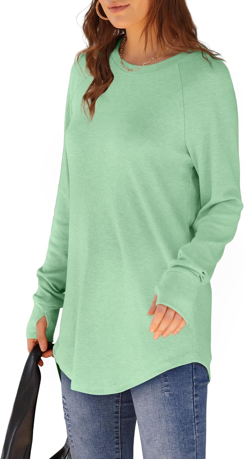 Womens Tunic Tops to Wear with Leggings Long Sleeve Thumb Hole Shirts Crew Neck Curved Hem