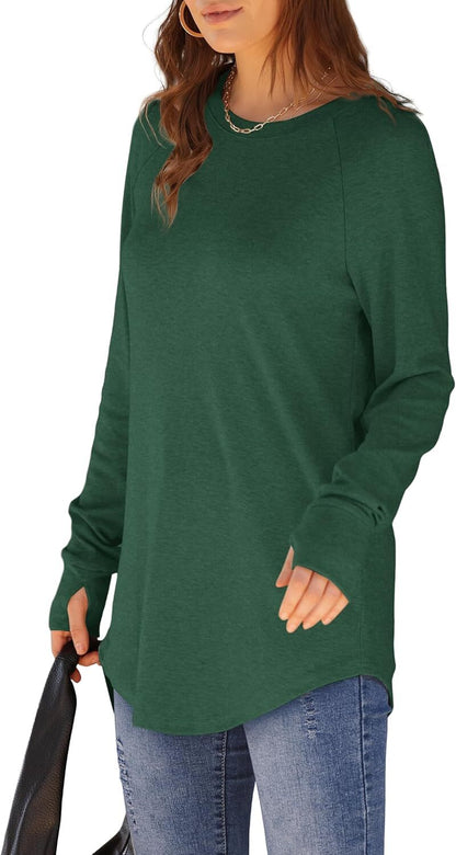 Womens Tunic Tops to Wear with Leggings Long Sleeve Thumb Hole Shirts Crew Neck Curved Hem