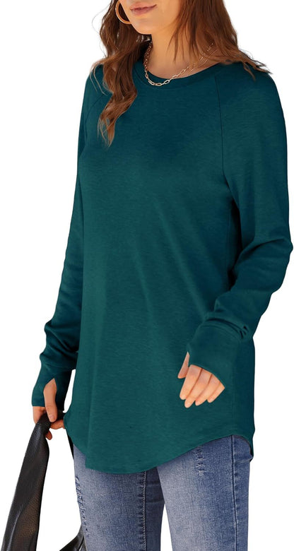 Womens Tunic Tops to Wear with Leggings Long Sleeve Thumb Hole Shirts Crew Neck Curved Hem